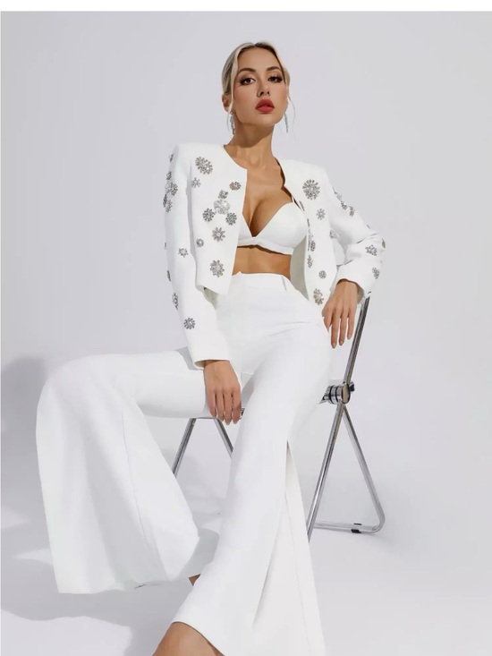 Catchall Pants - Catchall Cropped Embellished Blazer & High-Waist Wide-Leg Pants Set - White
